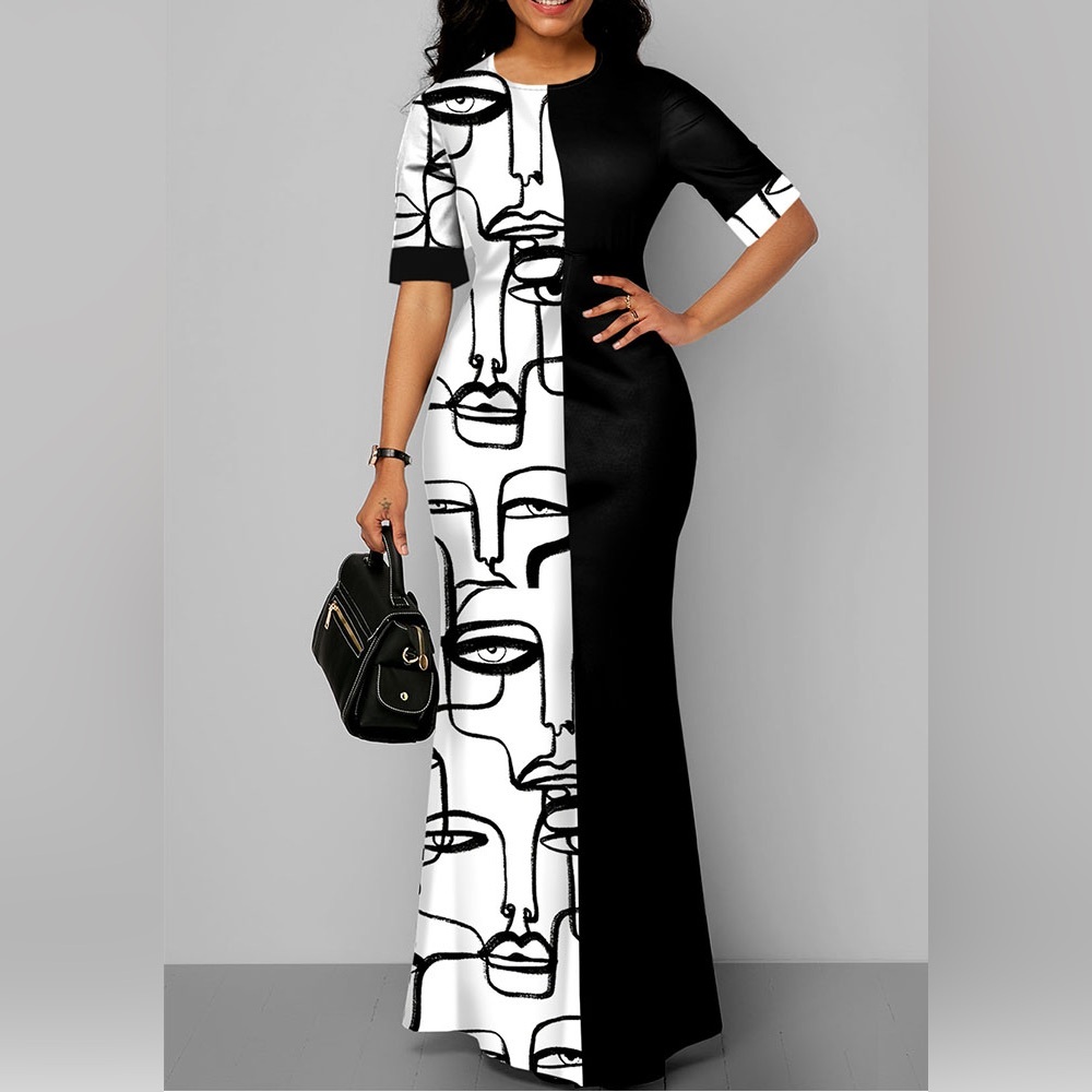 Black and White Abstract Face Maxi Dress